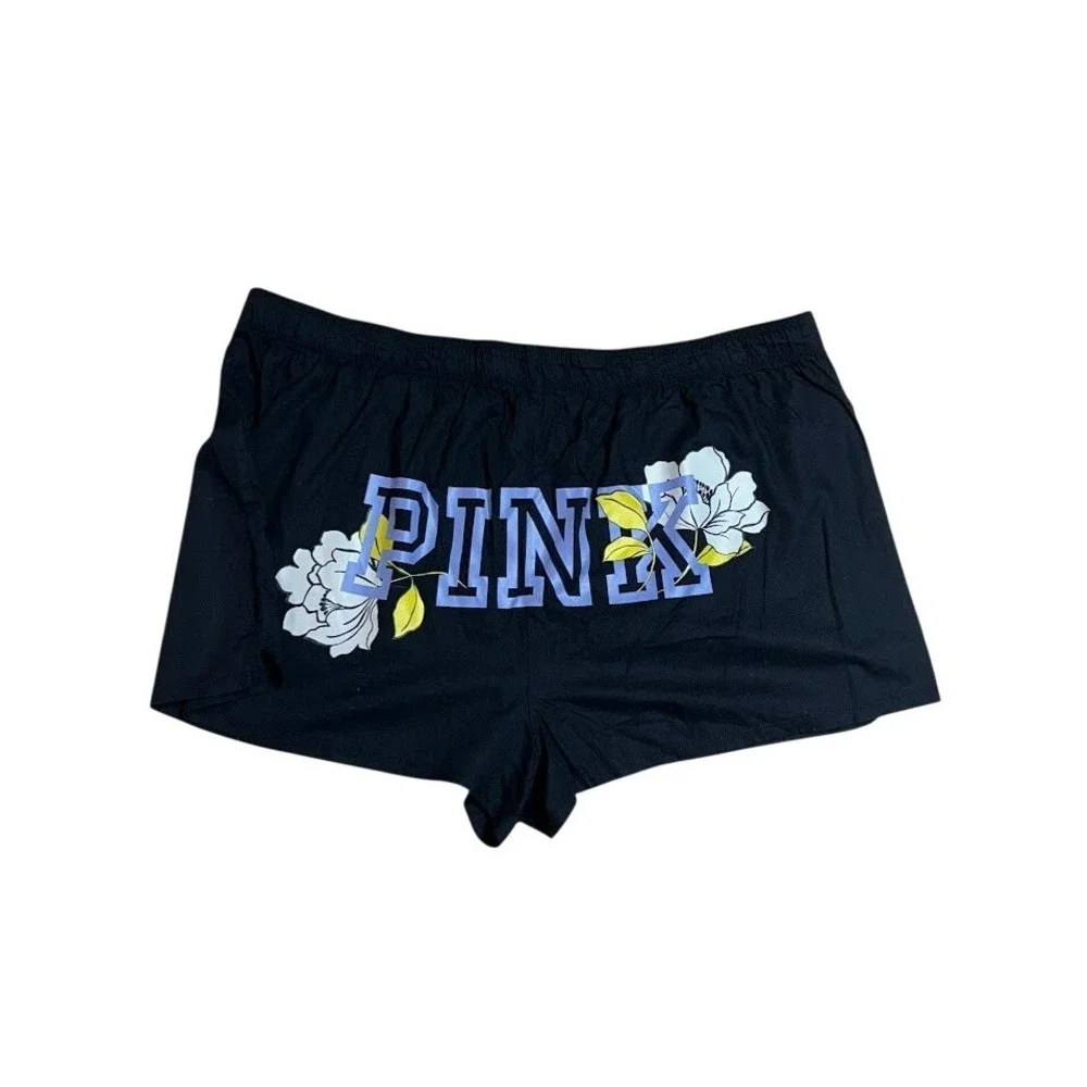 Victoria's Secret PINK Black Floral Logo Sleep‎ Shorts XXL Pajama Bottoms